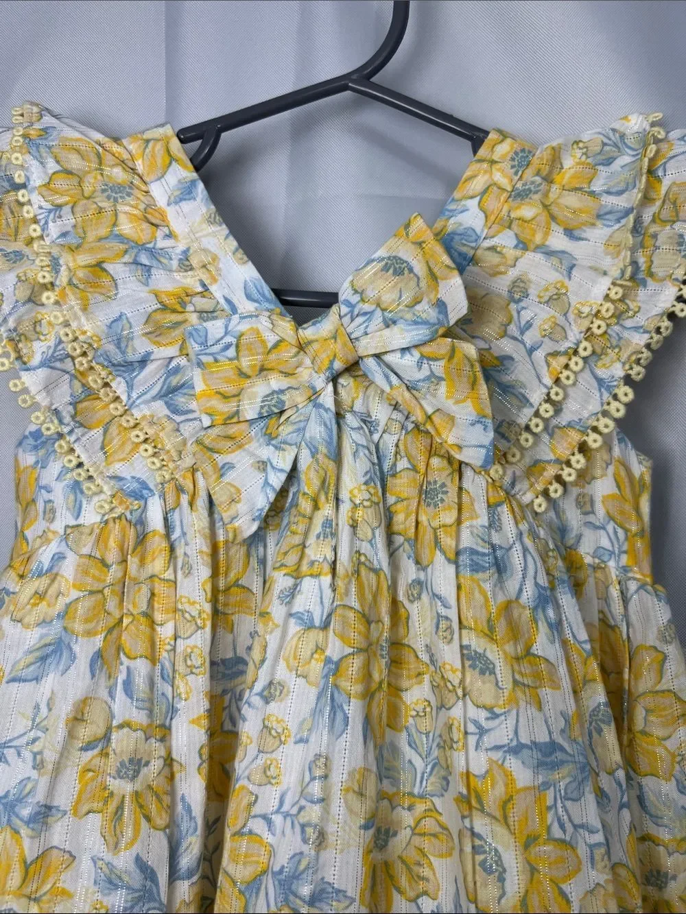 Sincerely Jules white yellow blue floral print ruffle dress with gold accents